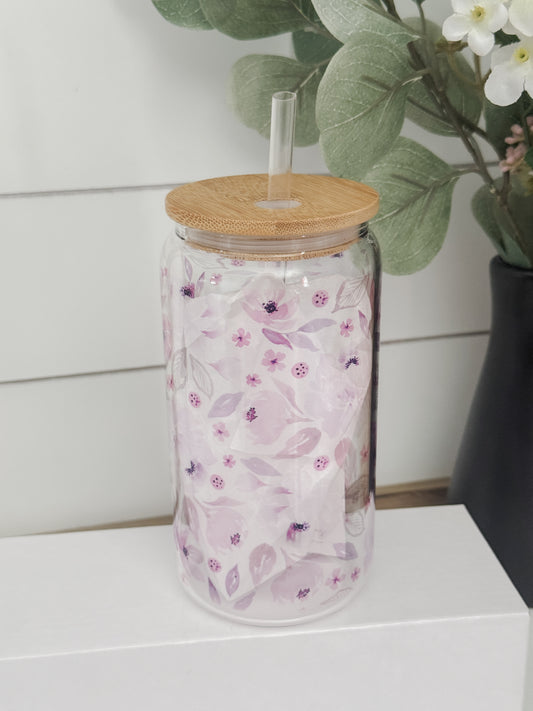Purple Floral 16oz Glass Can Cup