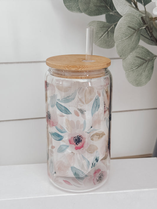 Pink and Teal Watercolor Floral 16oz Glass Can Cup
