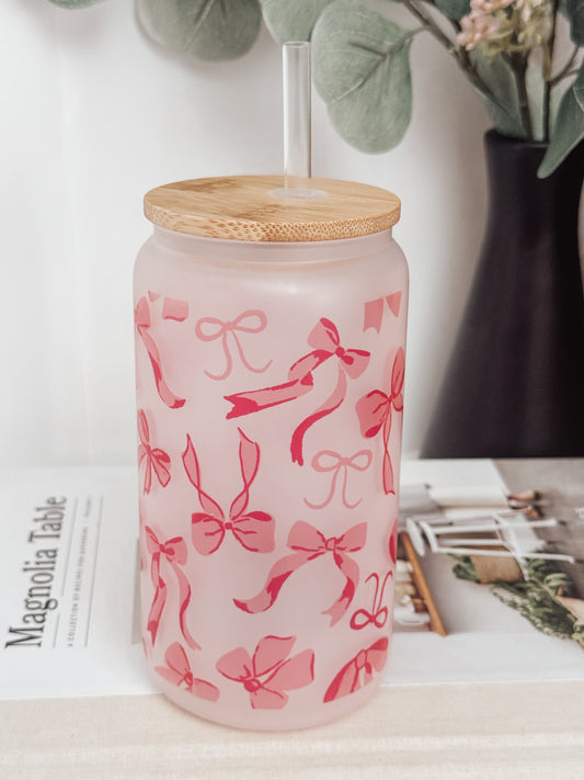 Pink Bows 16oz Glass Can Cup