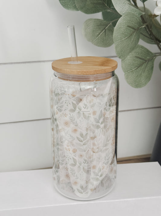 Floral Garden 16oz Glass Can Cup