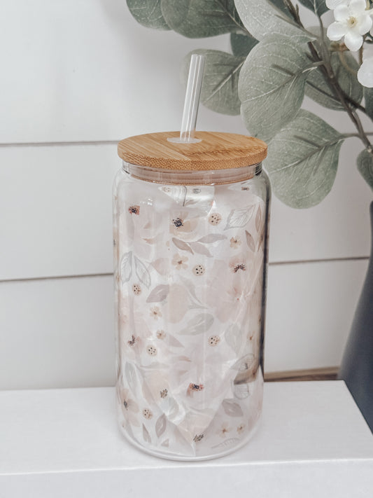 Pink Spring Watercolor Floral 16oz Glass Can Cup