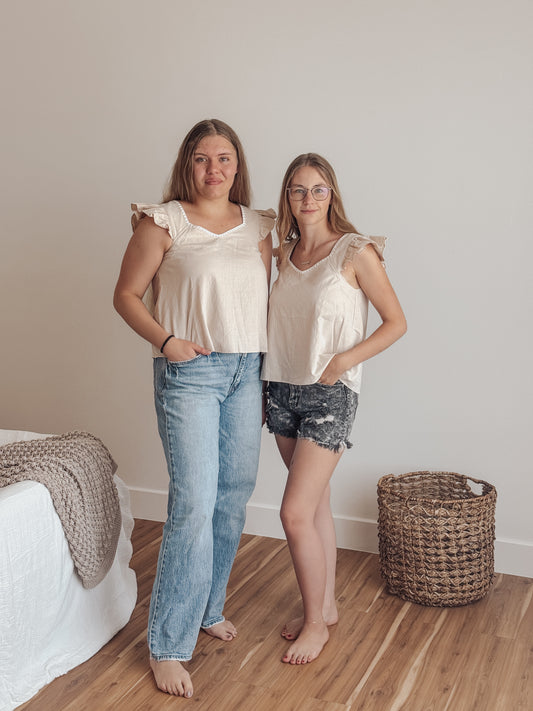 Ruffle Sleeved V-Neck Linen Top with Embroidery