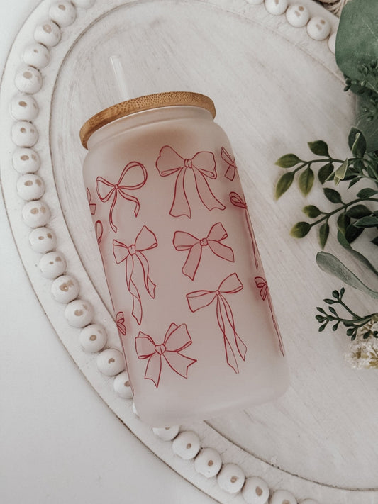 Pink Bows 16oz Glass Can Cup - Emma K Designs