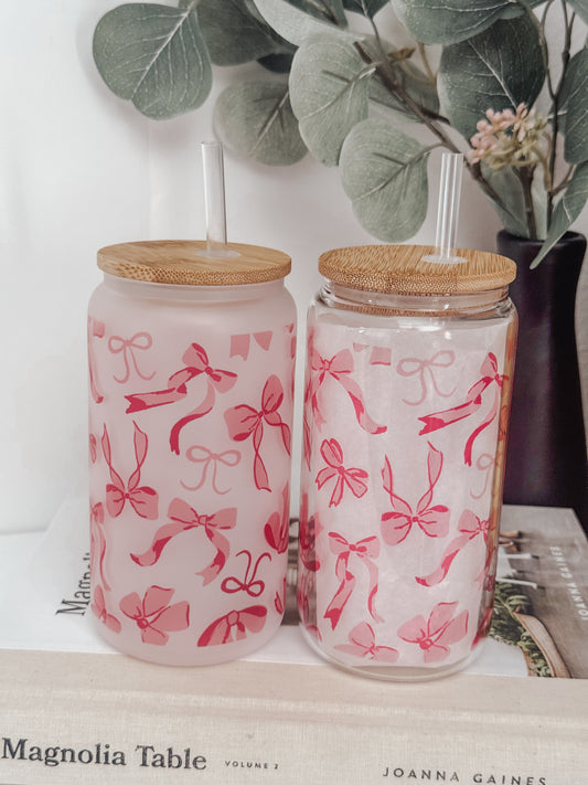 Pink Bows 16oz Glass Can Cup