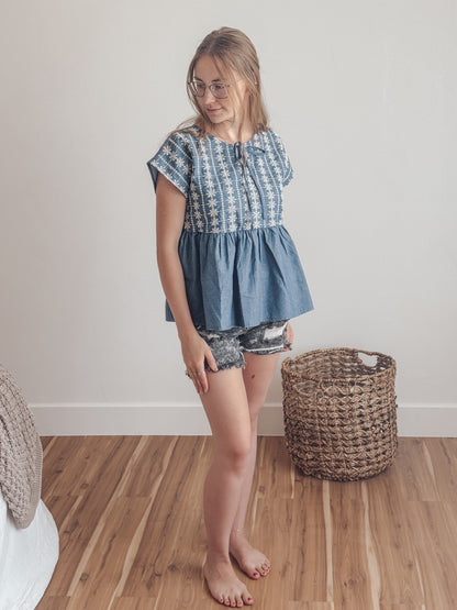 Embroidery Babydoll Denim Top