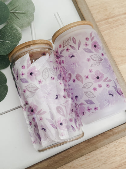 Purple Floral 16oz Glass Can Cup
