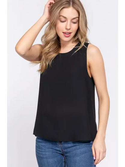 Sleeveless Round Neck Woven Top Black