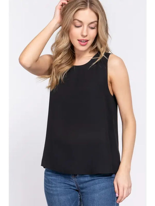 Sleeveless Round Neck Woven Top Black