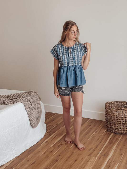 Embroidery Babydoll Denim Top