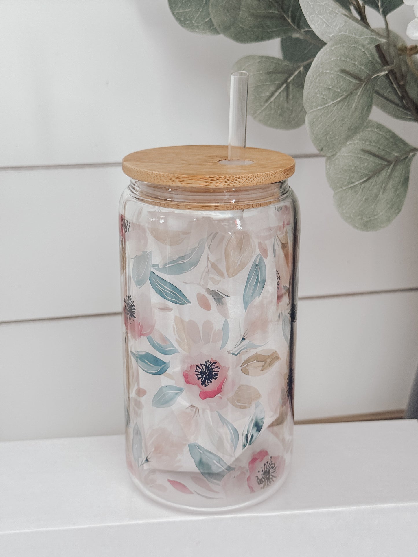 Pink and Teal Watercolor Floral 16oz Glass Can Cup