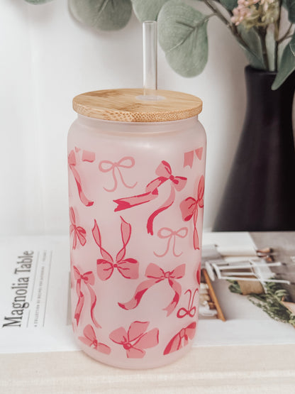 Pink Bows 16oz Glass Can Cup