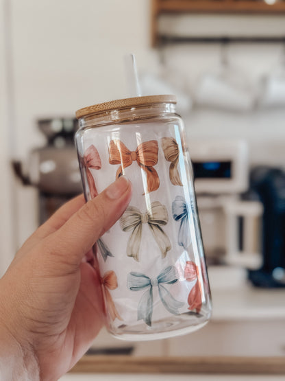 Fall Bows 16oz Glass Can Cup