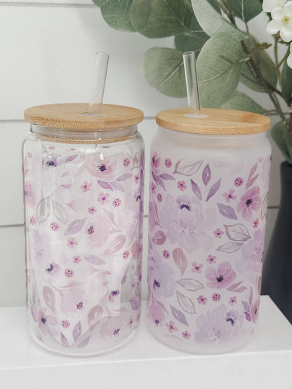 Purple Floral 16oz Glass Can Cup