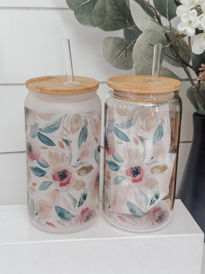 Pink and Teal Watercolor Floral 16oz Glass Can Cup