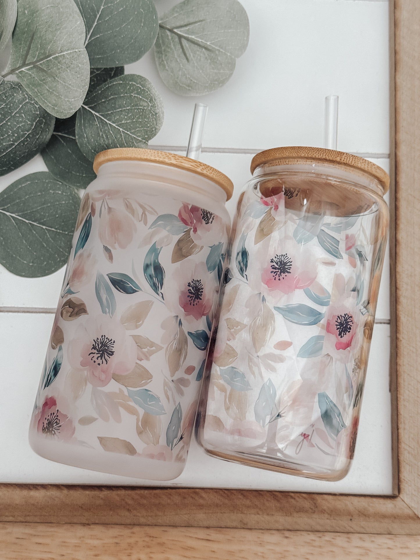 Pink and Teal Watercolor Floral 16oz Glass Can Cup