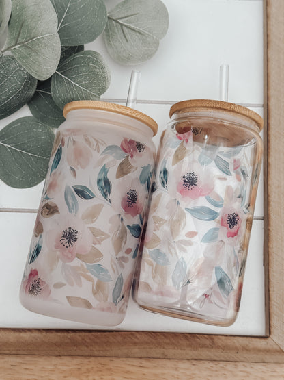Pink and Teal Watercolor Floral 16oz Glass Can Cup