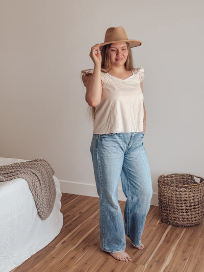 Ruffle Sleeved V-Neck Linen Top with Embroidery