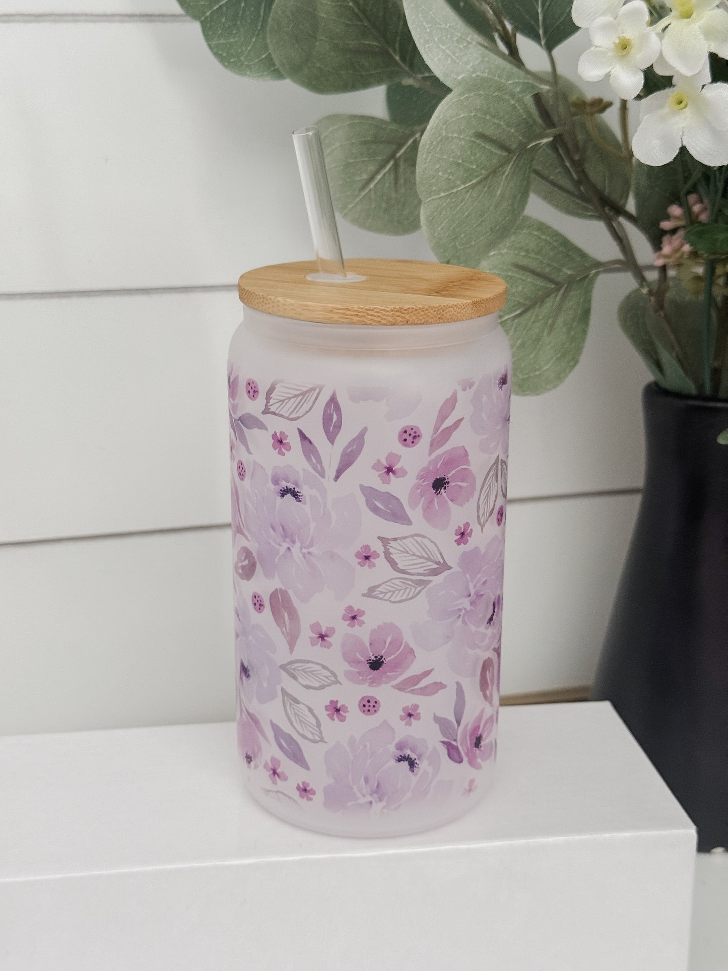 Purple Floral 16oz Glass Can Cup
