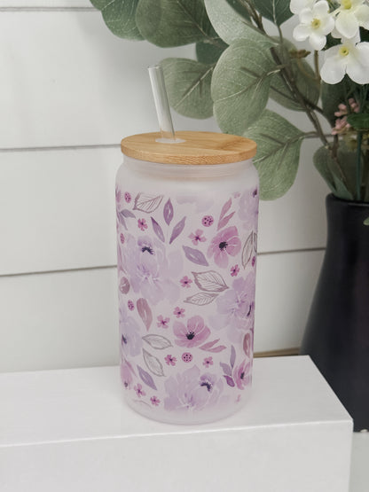 Purple Floral 16oz Glass Can Cup