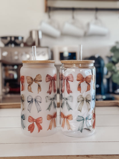 Fall Bows 16oz Glass Can Cup