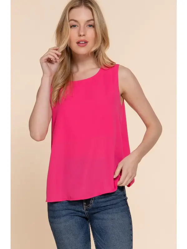 Sleeveless Round Neck Woven Top Fuchsia