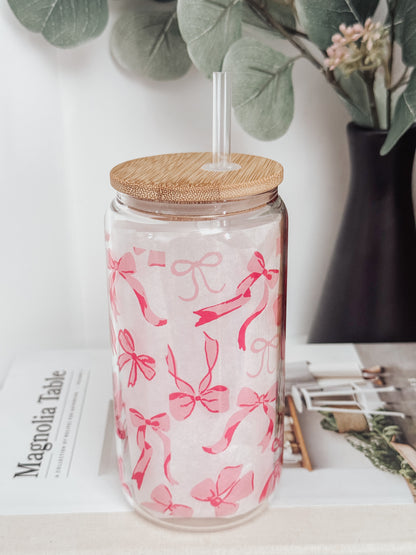 Pink Bows 16oz Glass Can Cup