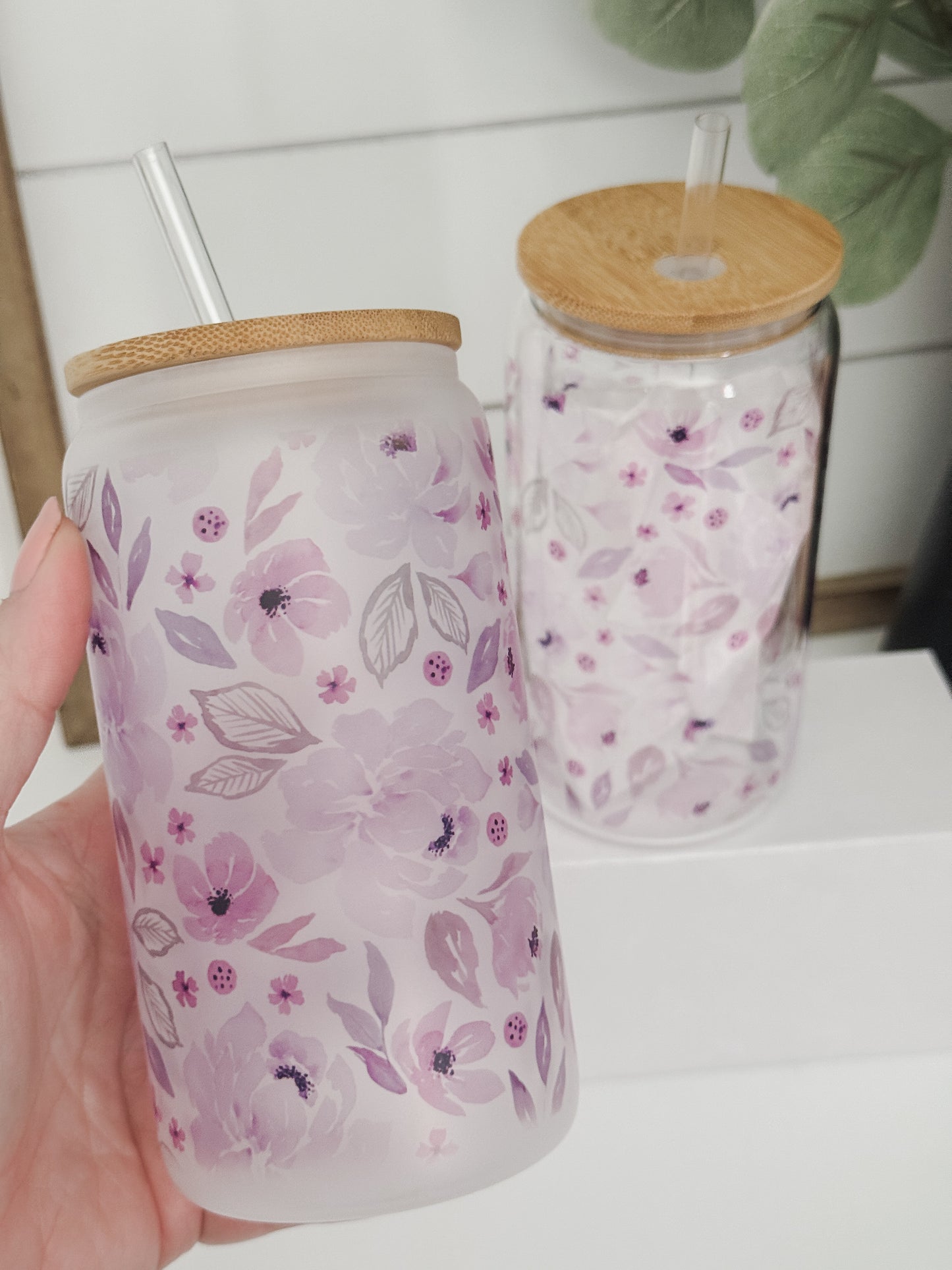 Purple Floral 16oz Glass Can Cup