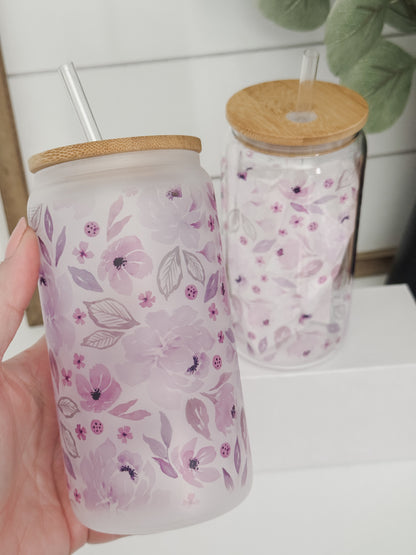 Purple Floral 16oz Glass Can Cup