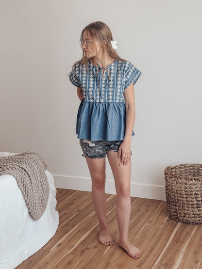 Embroidery Babydoll Denim Top