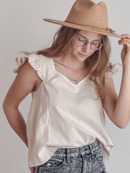Ruffle Sleeved V-Neck Linen Top with Embroidery