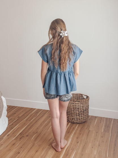 Embroidery Babydoll Denim Top
