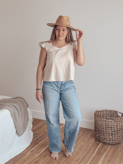 Ruffle Sleeved V-Neck Linen Top with Embroidery