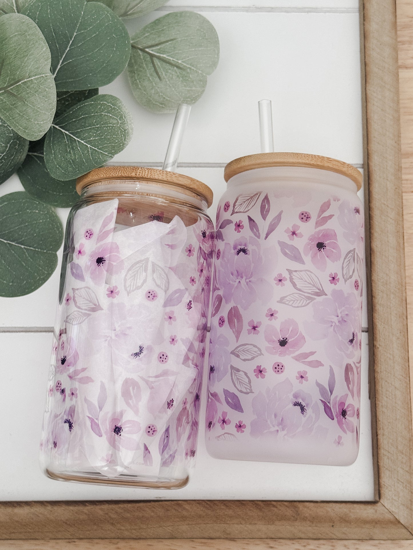 Purple Floral 16oz Glass Can Cup
