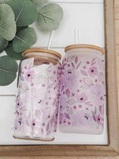 Purple Floral 16oz Glass Can Cup