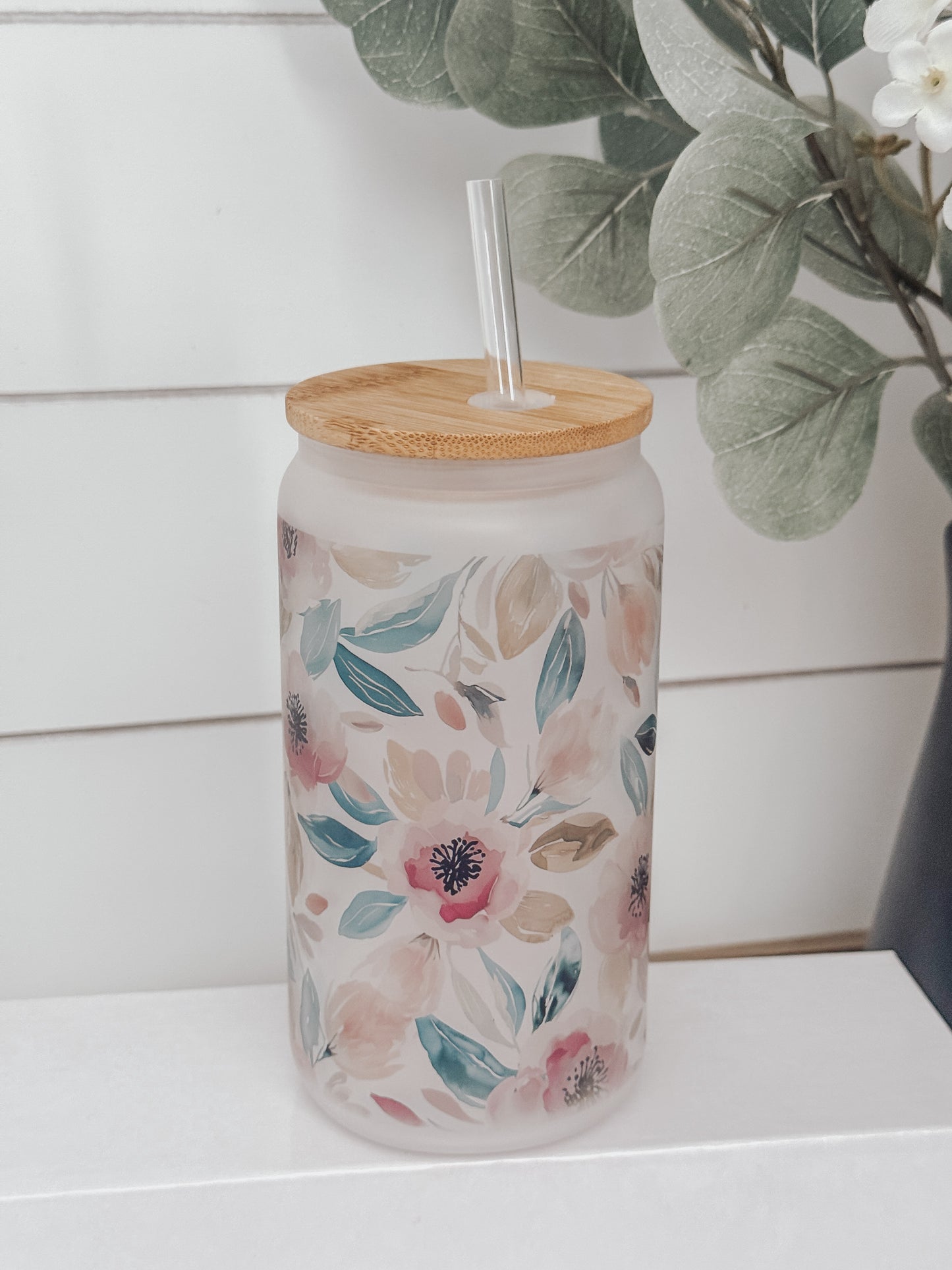 Pink and Teal Watercolor Floral 16oz Glass Can Cup