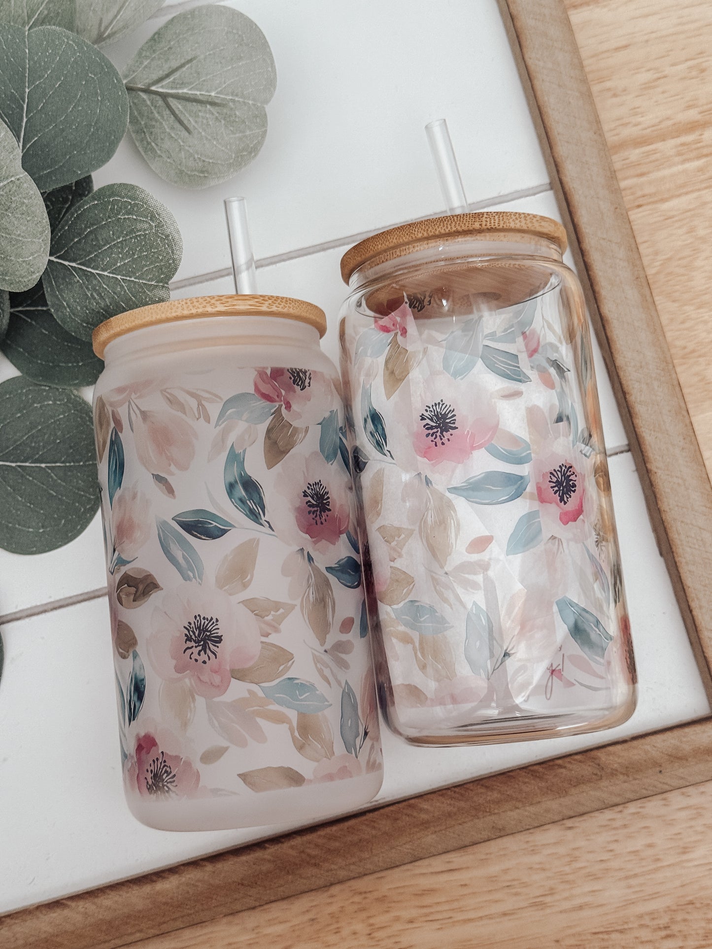 Pink and Teal Watercolor Floral 16oz Glass Can Cup