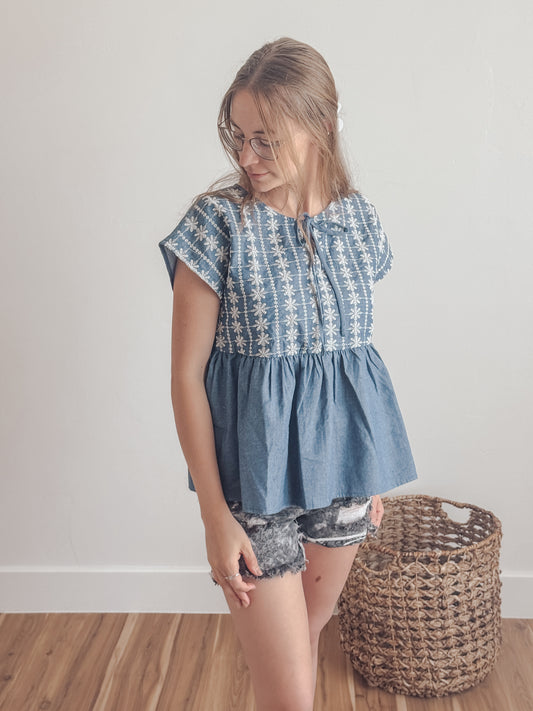 Embroidery Babydoll Denim Top