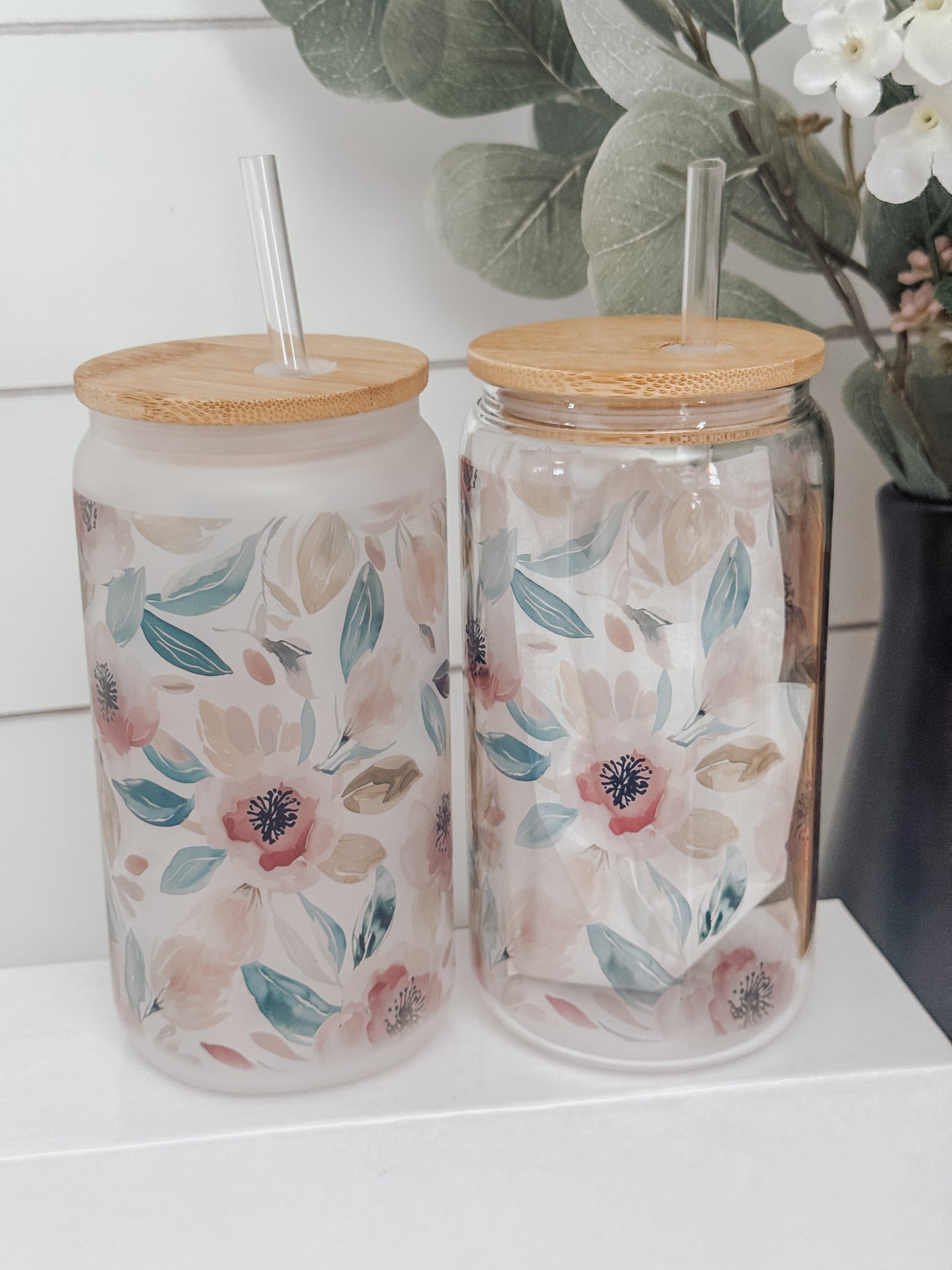 Pink and Teal Watercolor Floral 16oz Glass Can Cup