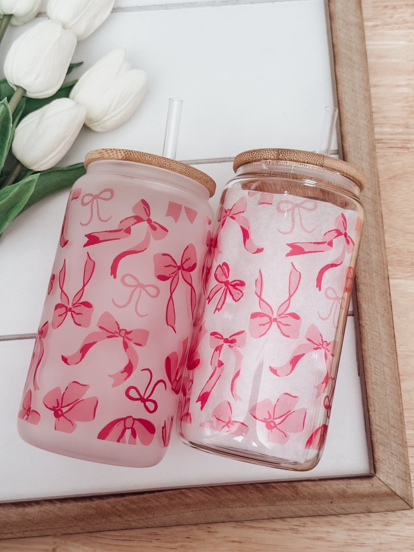 Pink Bows 16oz Glass Can Cup