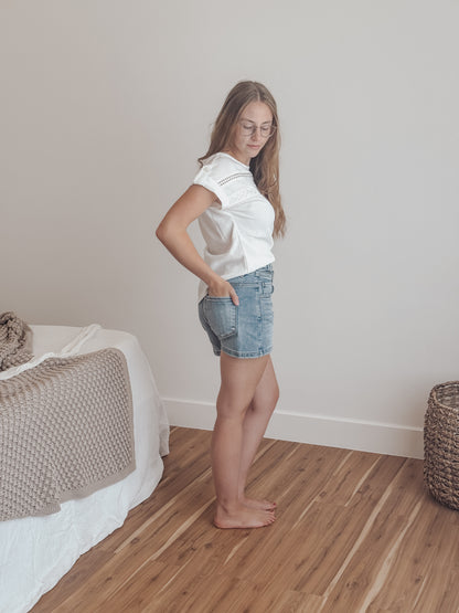 Risen Tummy Control High Rise Bow Detailed Shorts - Medium Wash
