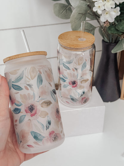 Pink and Teal Watercolor Floral 16oz Glass Can Cup