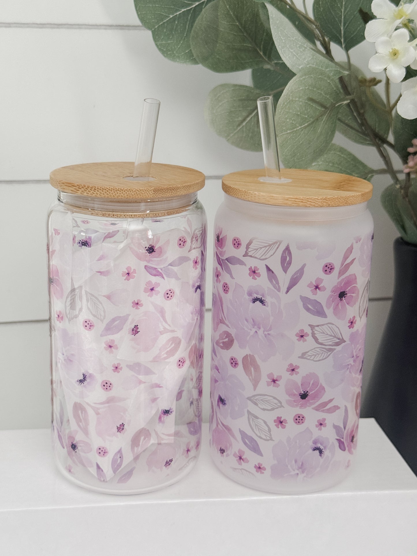 Purple Floral 16oz Glass Can Cup