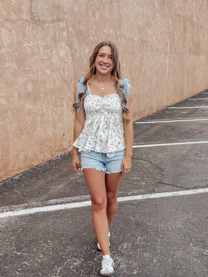 High Rise Distressed Washed Step Side Hem Shorts