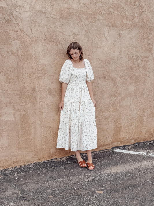 Hattie Vintage Rose Smocked Cotton Maxi Midi Dress
