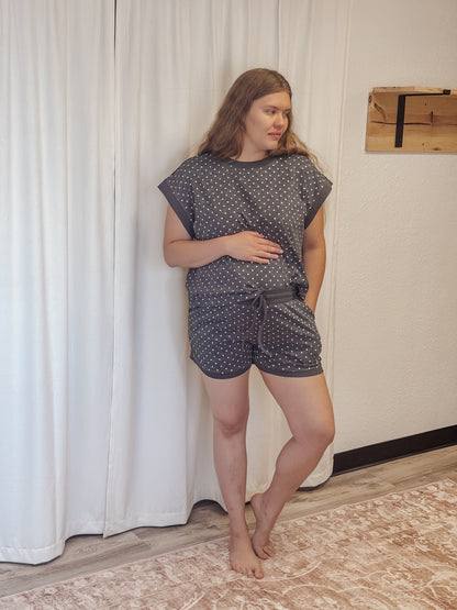 Polka Dot Short Sleeve Top and Shorts Set Black