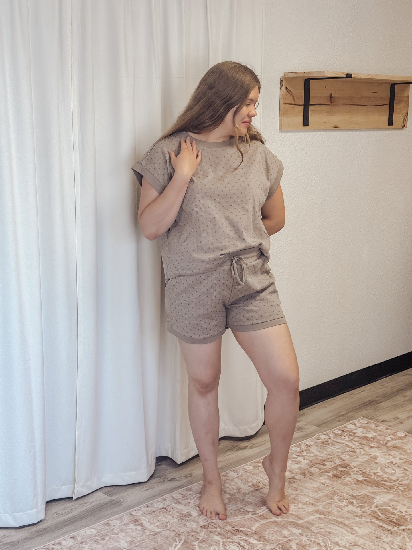Polka Dot Short Sleeve Top and Shorts Set Taupe