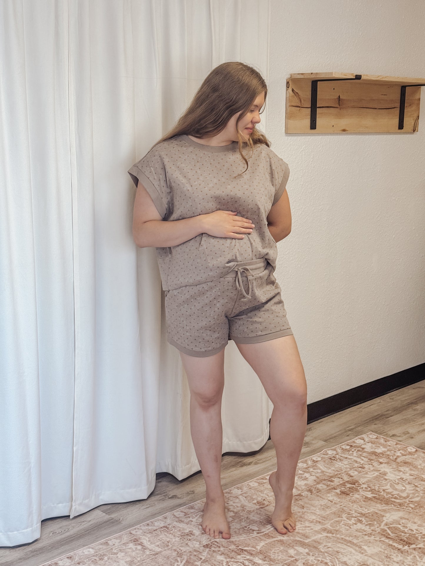 Polka Dot Short Sleeve Top and Shorts Set Taupe