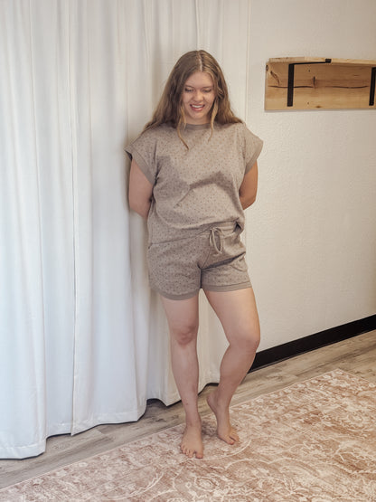 Polka Dot Short Sleeve Top and Shorts Set Taupe