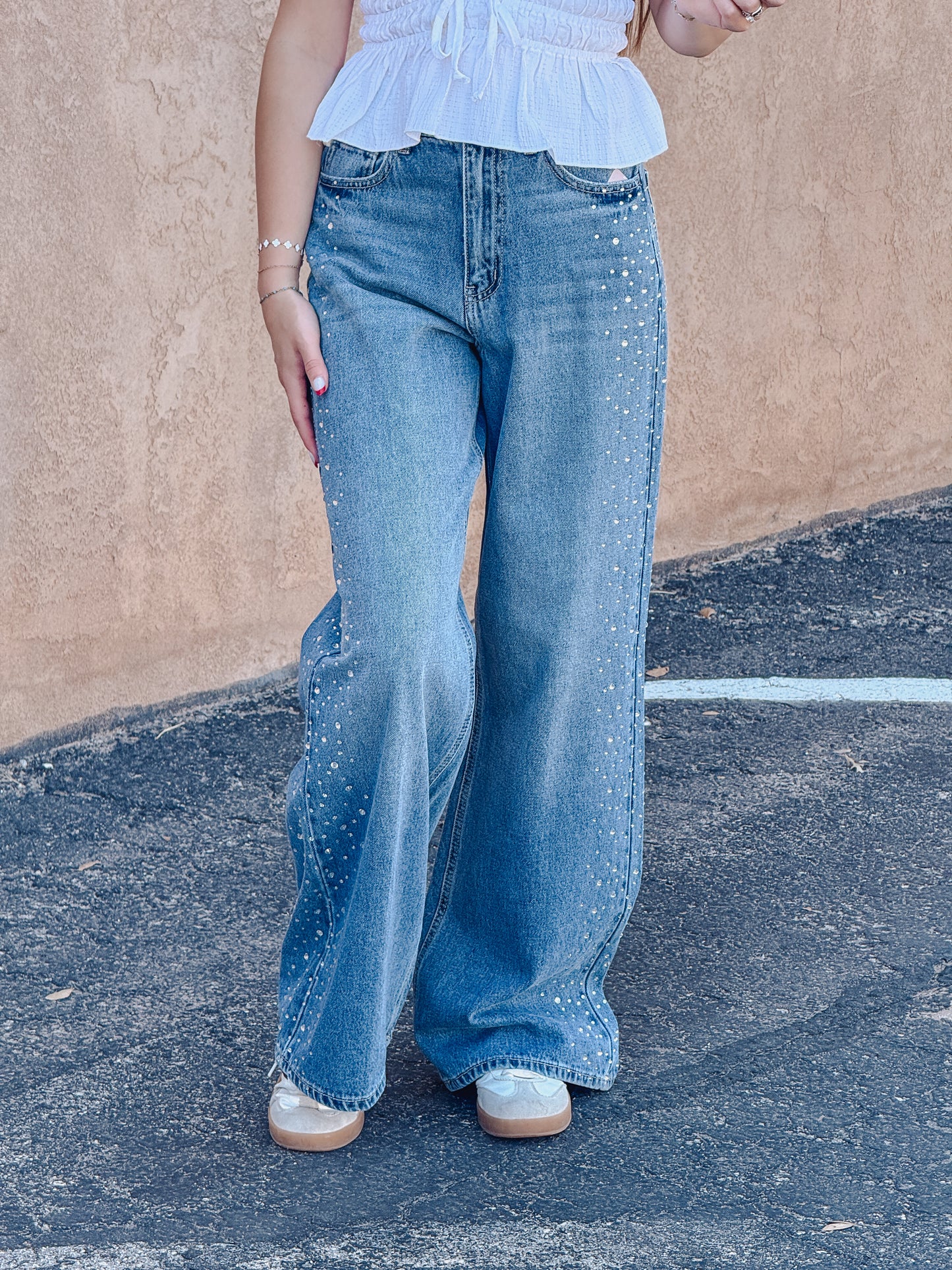 High Rise Wide Leg Jeans with Rhinestones