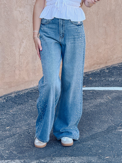 High Rise Wide Leg Jeans with Rhinestones